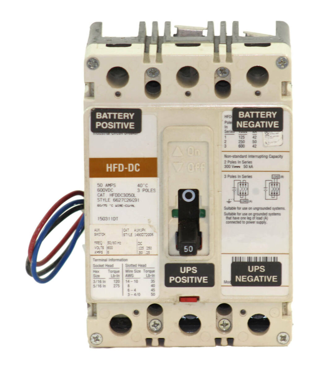 Cutler Hammer HFDDC3050L DC Breaker 50A 600DCV 3P with Auxiliary Switch A1X1PK