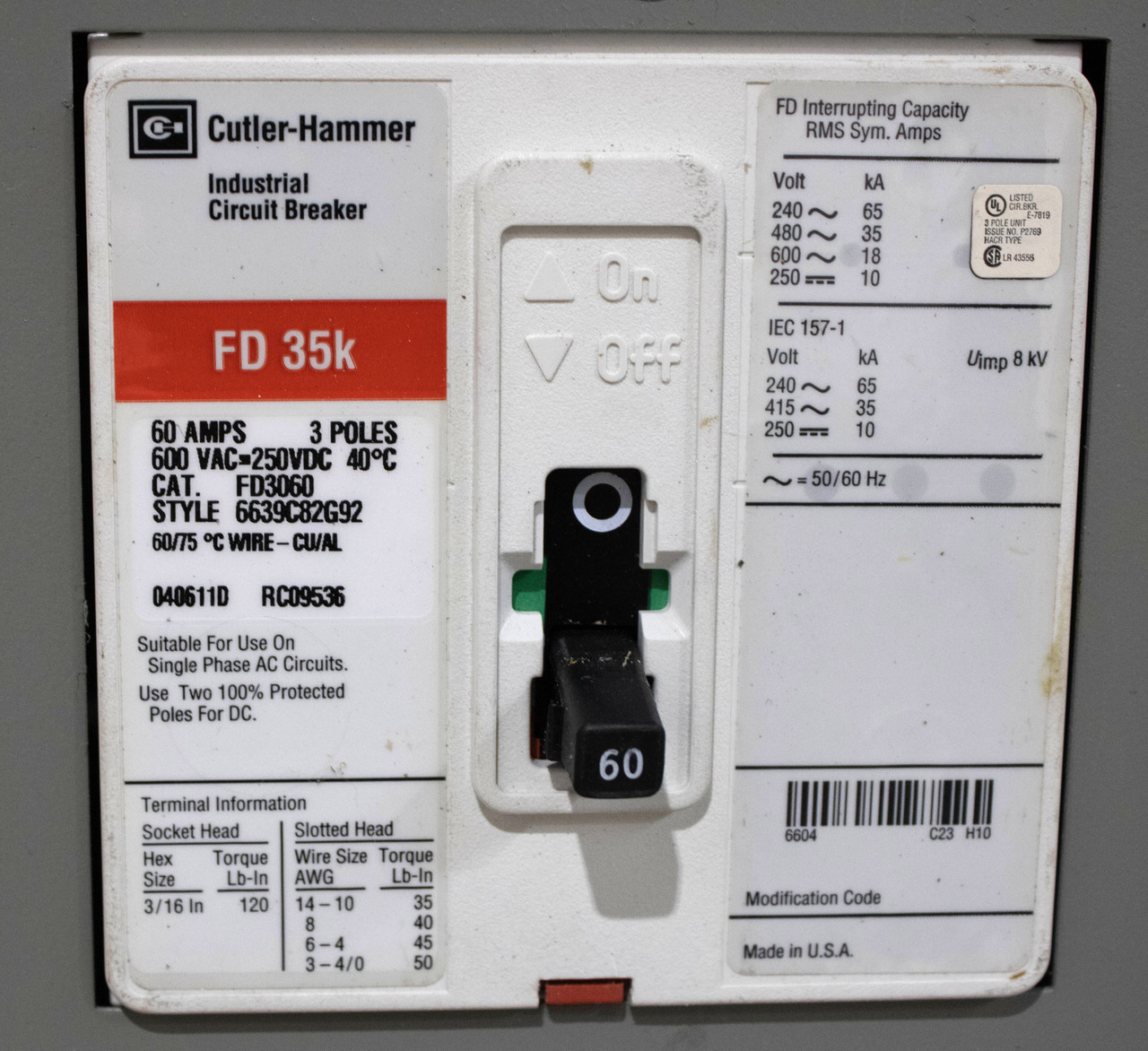 Cutler Hammer HC-998204 Breaker Panel Loadcenter 60A 600V 3P 18KA