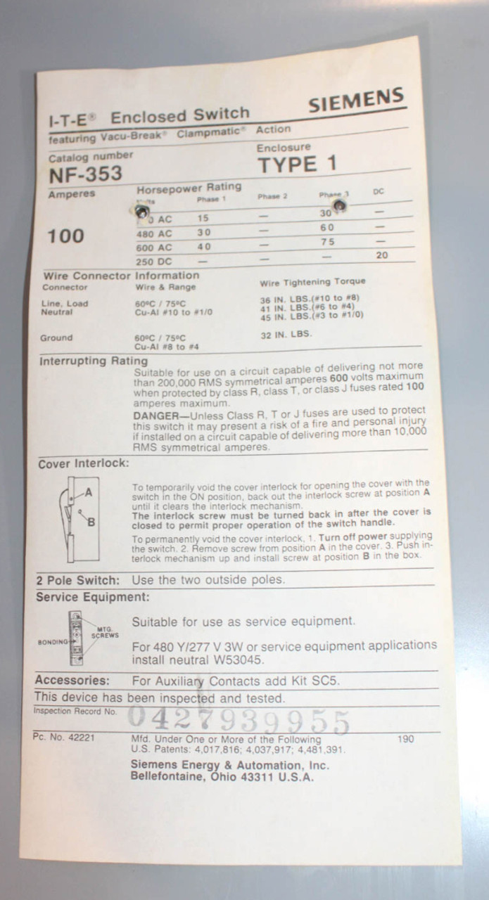 I-T-E NF353 Non-Fusible Disconnect Switch NEMA 1 100A 600V 3P 200kA@600V