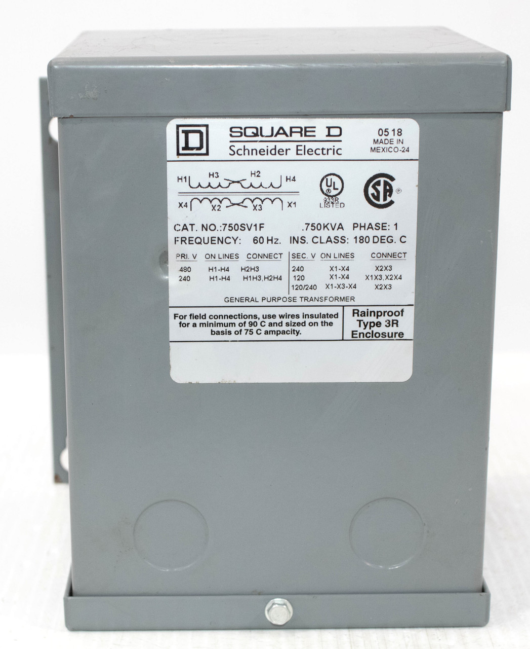 Square D 750SV1F Voltage Transformer dry type 1PH 0.75kVA 240x480V - 120/240V