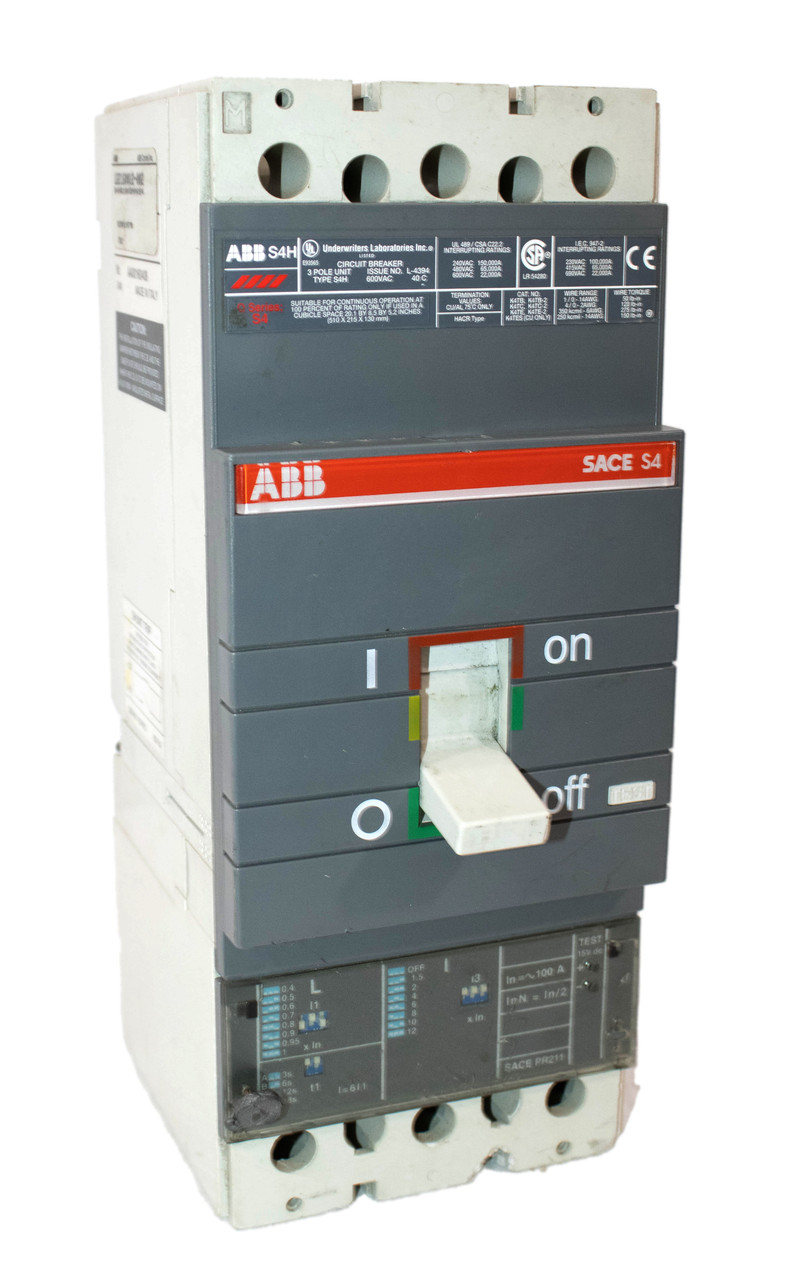 ABB S4H3P100A Breaker 100A 600V 3P 22KA Aux + Shunt S4H