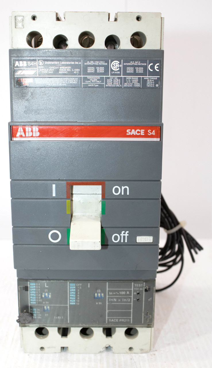 ABB S4H3P100A Breaker 100A 600V 3P 22KA Aux + Shunt S4H