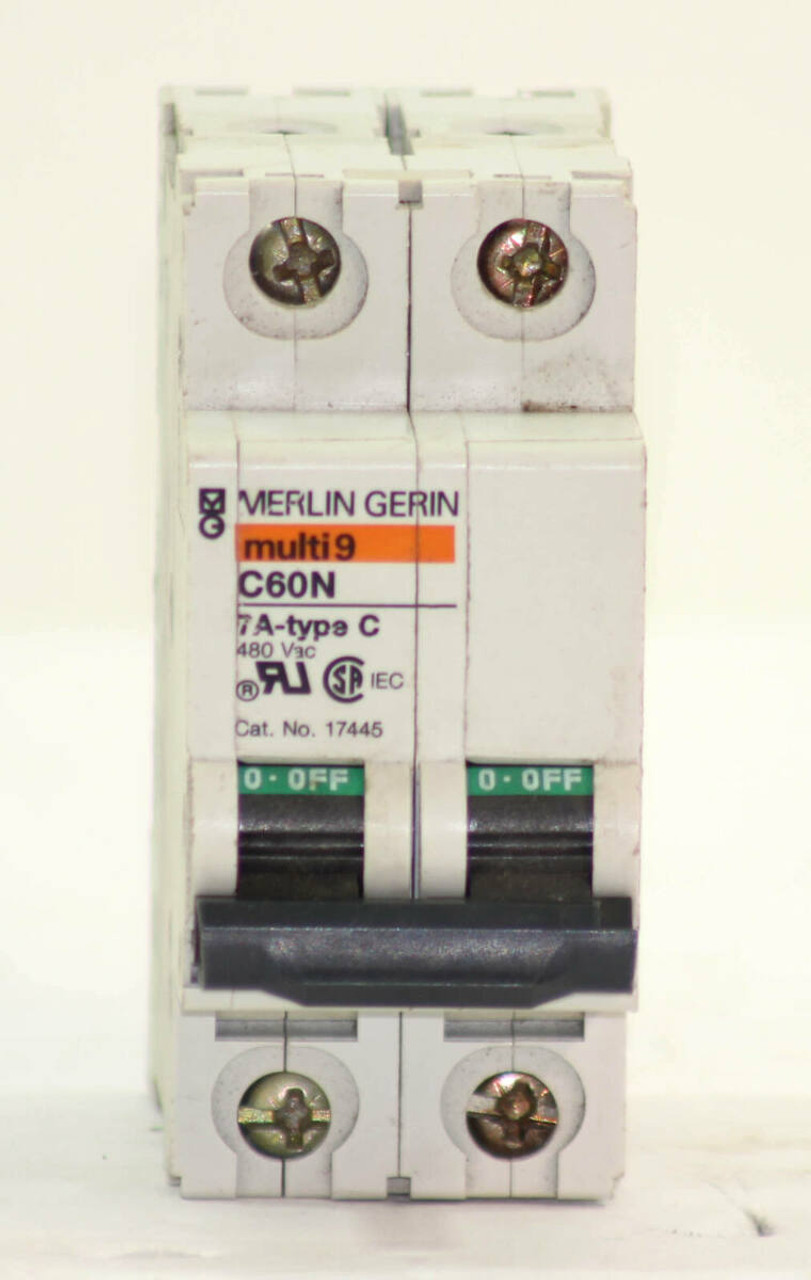 Merlin Gerin Multi 9 C60N 17445 Breaker 7A 480V 2P Type C 10kA Din Rail