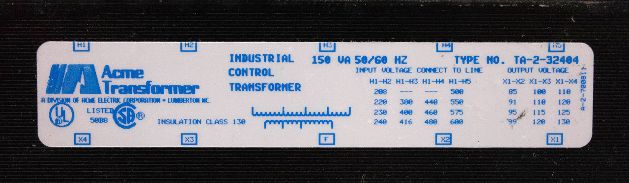 ACME TA-2-32404 Transformer .15kVA Pri: 208/600V Sec: 85/130V