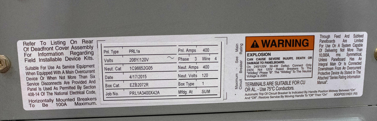 Eaton 1C96652G05 Panelboard PRL1A 208/120V 400A 3PH 4W 42-Spaces