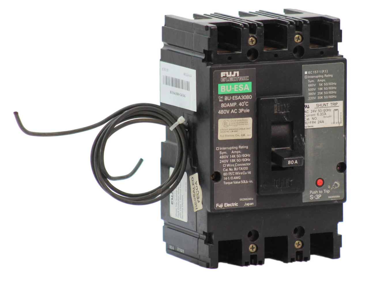 Fuji Electric BU-ESA3080 Breaker 80A 450V 3P 14kA with 24V 50/60Hz Shunt Trip BU-FFH