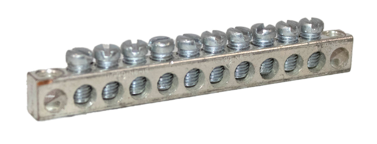 Ilsco NB-18 Aluminum Neutral & Ground Bar, 4–14 AWG, Multiple Ports, Dual-Rated CU/AL