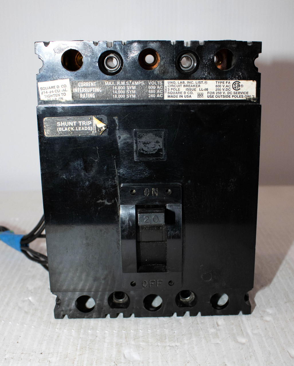 Square D FA36020 Breaker 20A 600V 3P 14KA Shunt Trip