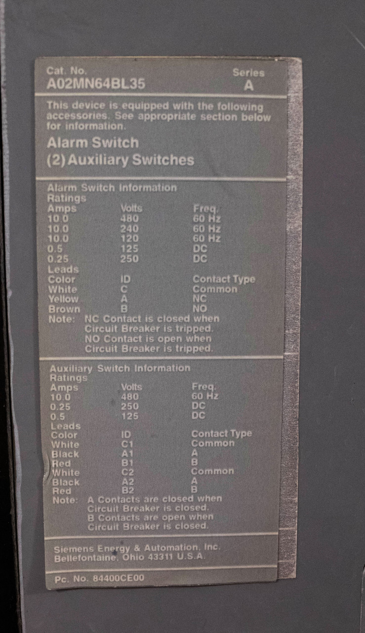 Siemens SCND69120AH Breaker 1200A 600V 3P 65KA SCND6 Alarm + Auxiliary + Shunt