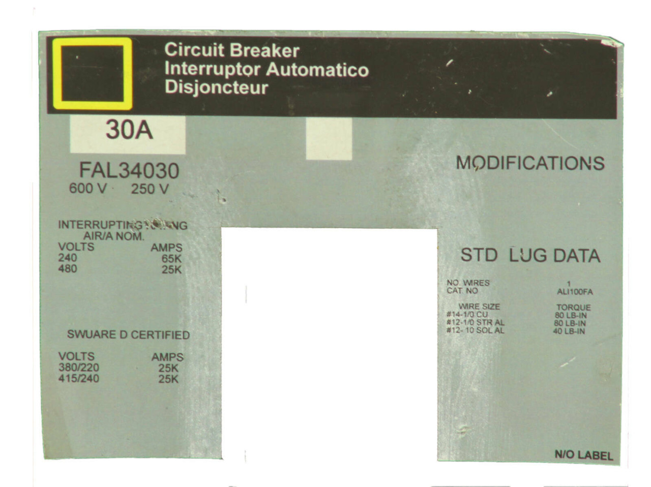 Square D FAL34030 Breaker 30A 480V 3P 25kA