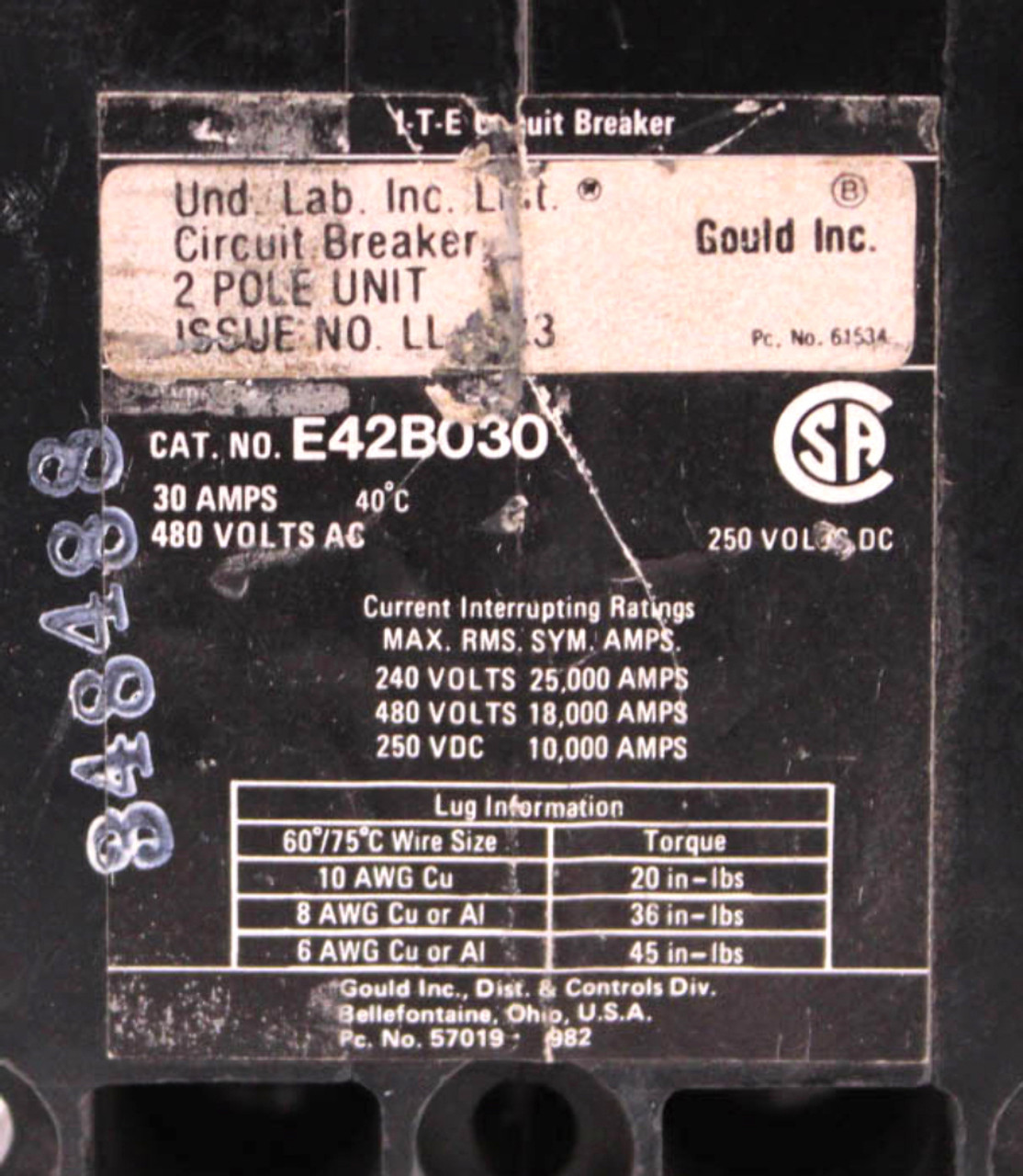 I-T-E E42B030 Circuit Breaker 30A 480V 250V 2P 18kA TYPE E4