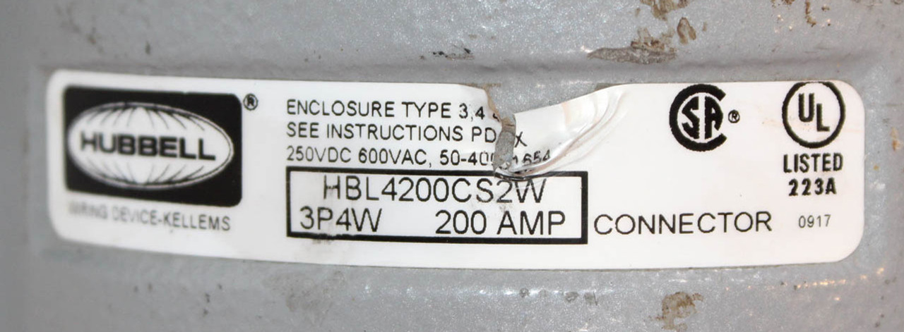 Hubbell HBL4200CS2W Pin and Sleeve Connector 200A 250-600V 3P4W
