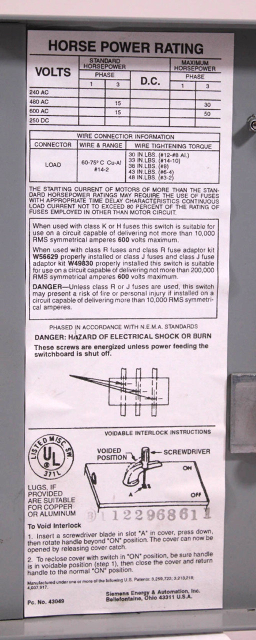 Siemens V7E3612 Fusible Twin Vacu-Break Switch 30A/60A 600V 3 Pole 3Ph Series A