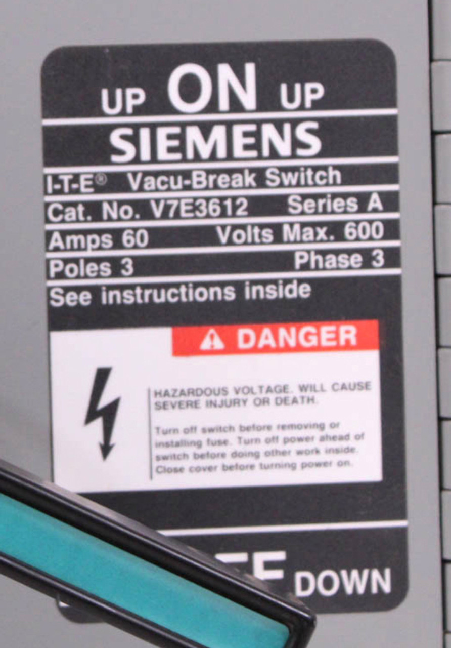 Siemens V7E3612 Fusible Twin Vacu-Break Switch 30A/60A 600V 3 Pole 3Ph Series A
