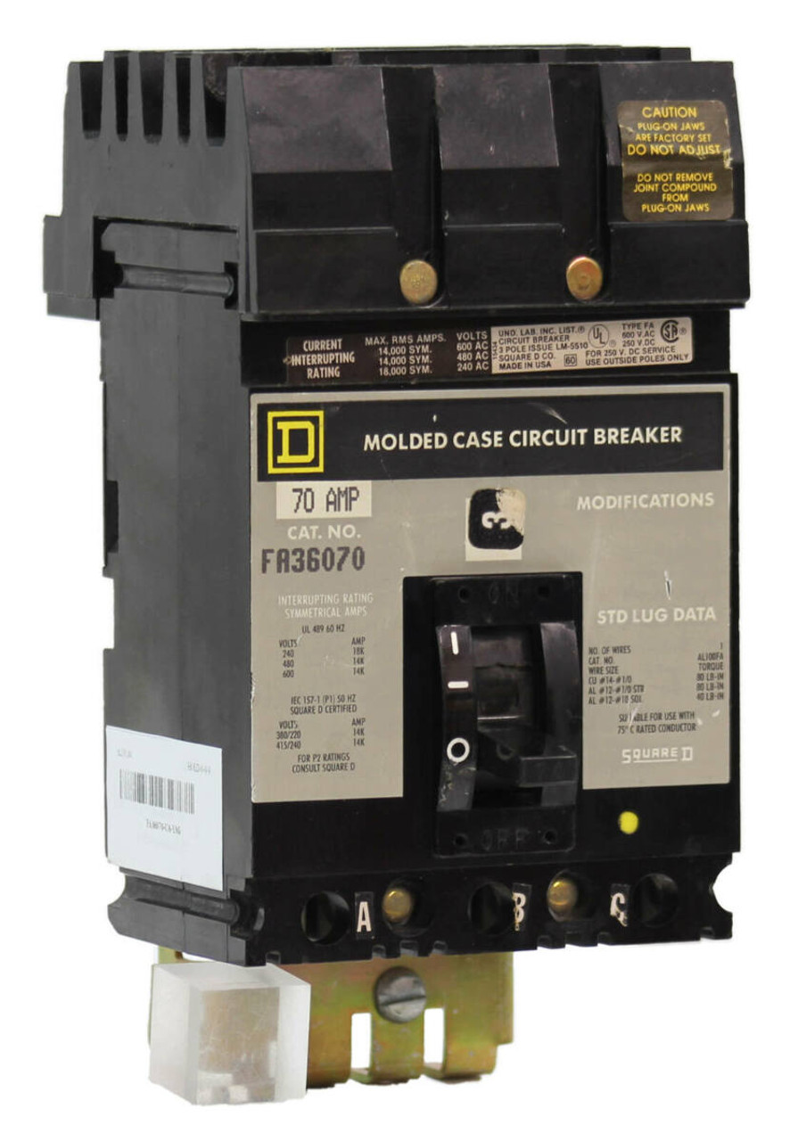 Square D FA36070 Breaker 70A 600V 3P 14kA I-Line, Molded Case
