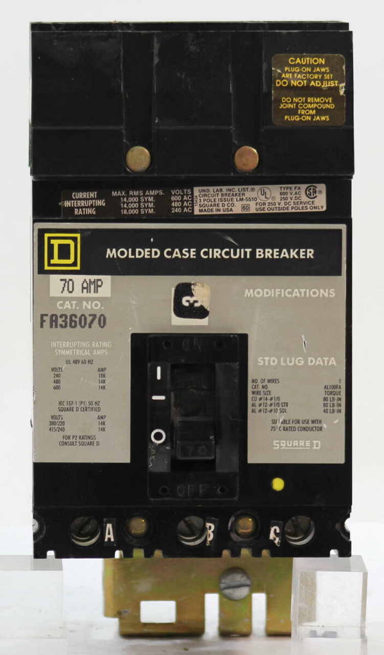 Square D FA36070 Breaker 70A 600V 3P 14kA I-Line, Molded Case