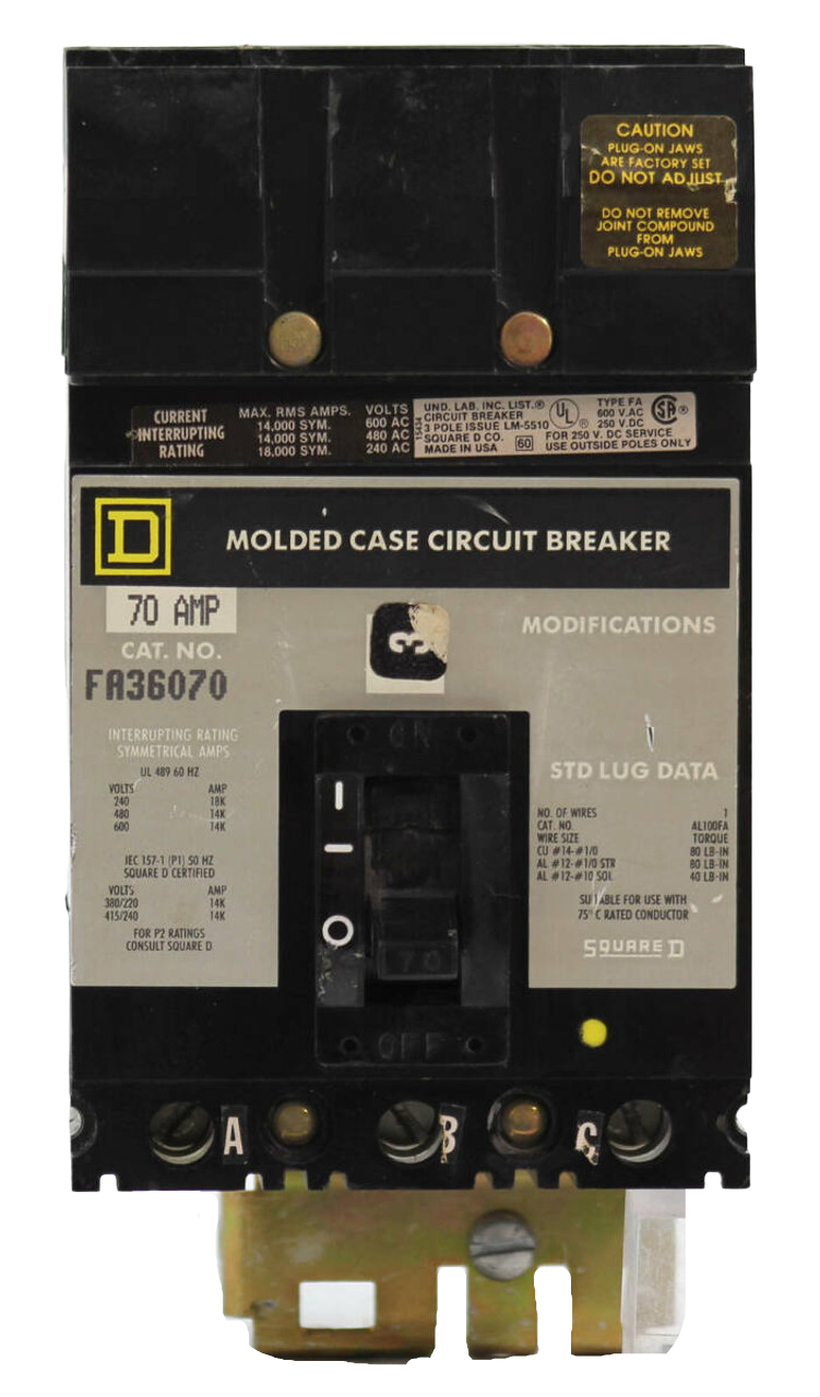 Square D FA36070 Circuit Breaker | 70A | 3-Pole | 600V AC | 14kA | I-Line | Thermal Magnetic