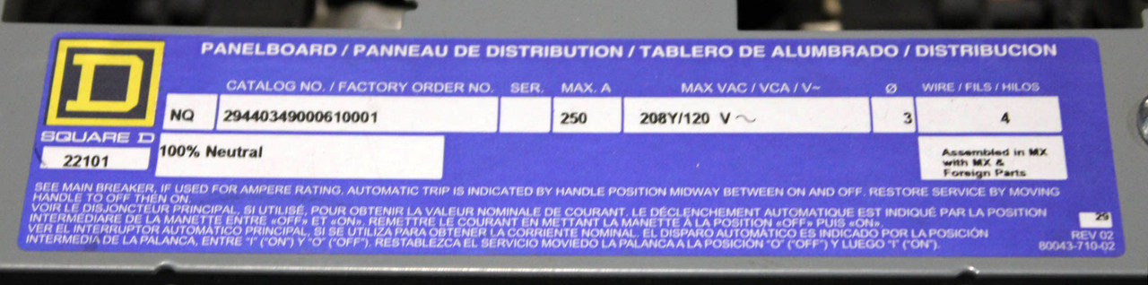 Square D NQ 294403490610001 Panelboard Interior 208Y/120V 3P 4W W/ JDM36250 Breaker