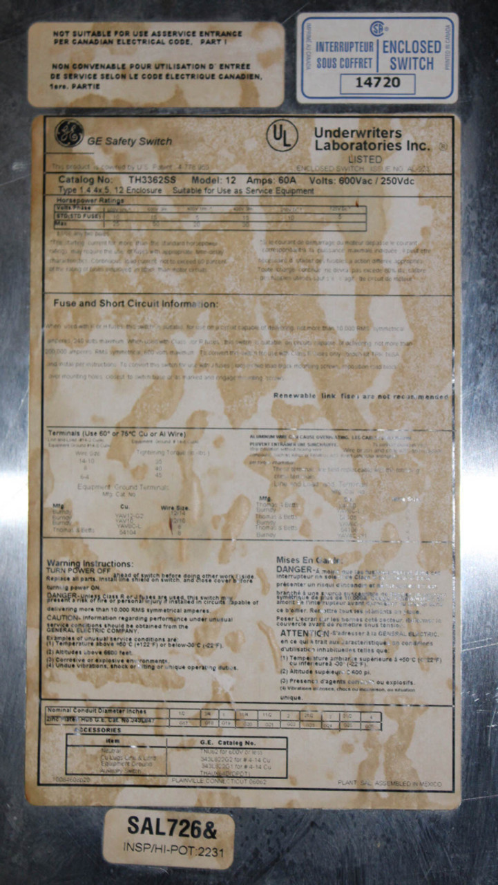 General Electric TH3362SS Fusible Disconnect | 60A, 600V, 3P, NEMA 4/4X Stainless Steel, Heavy Duty