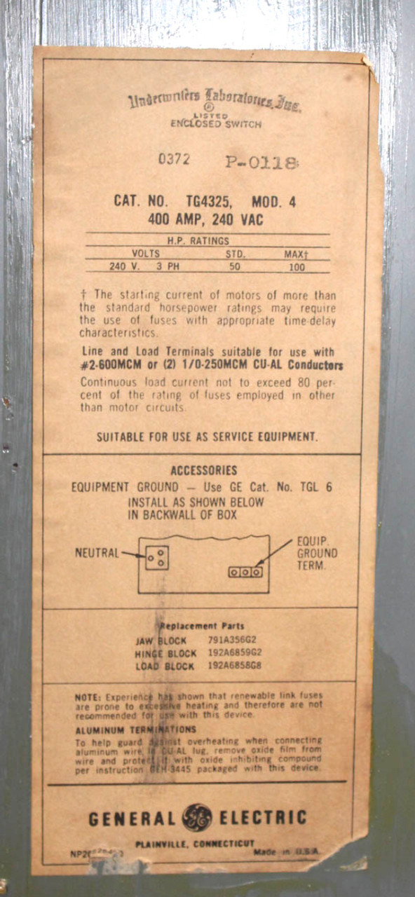 General Electric TG4325 Fusible Disconnect Switch NEMA 1 400A 240V 3P 4W