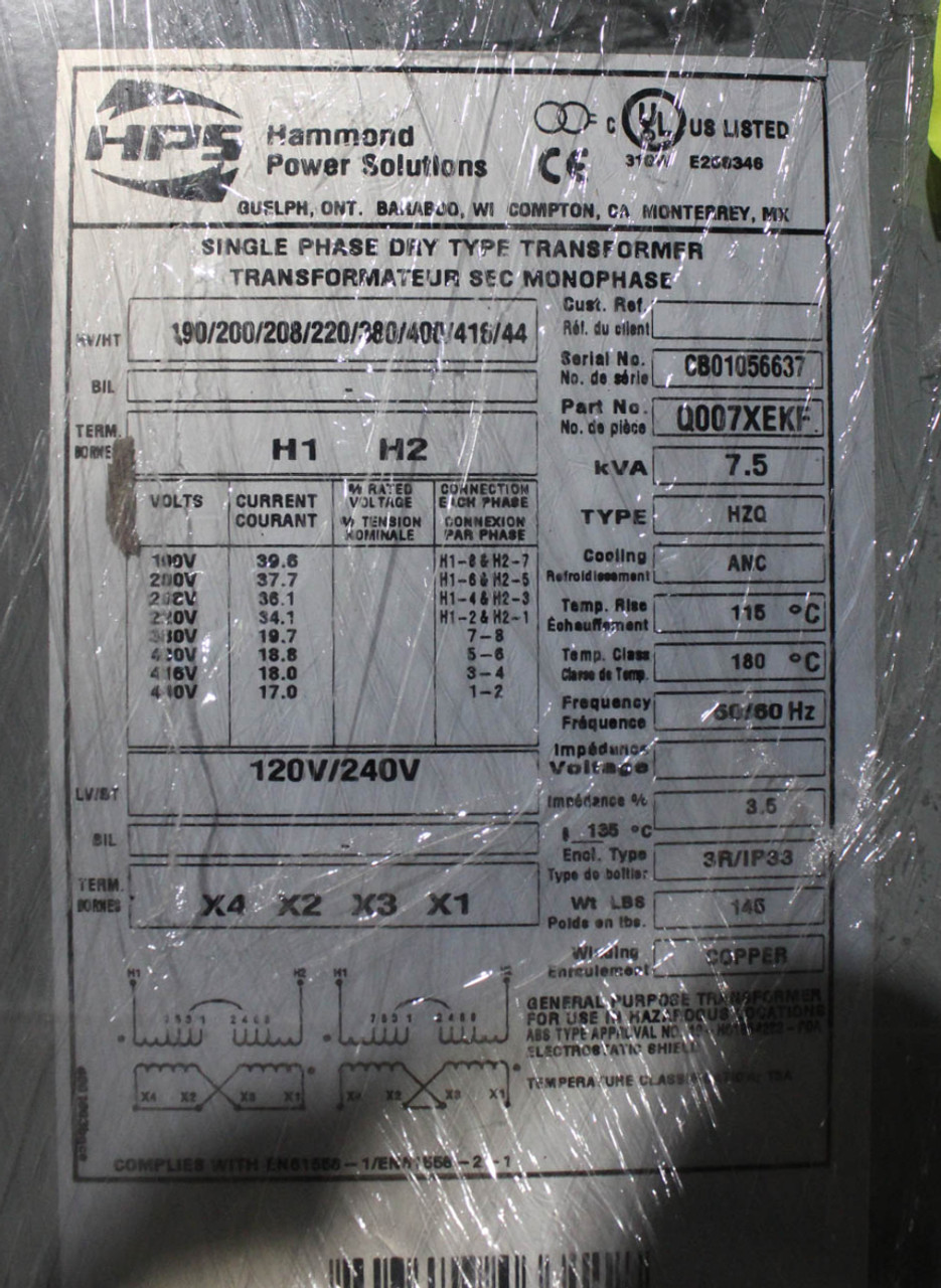 Hammond Power Solutions Q007XEKF Transformer NEMA 3R 120V/240V 1Ph 7.5 kVA