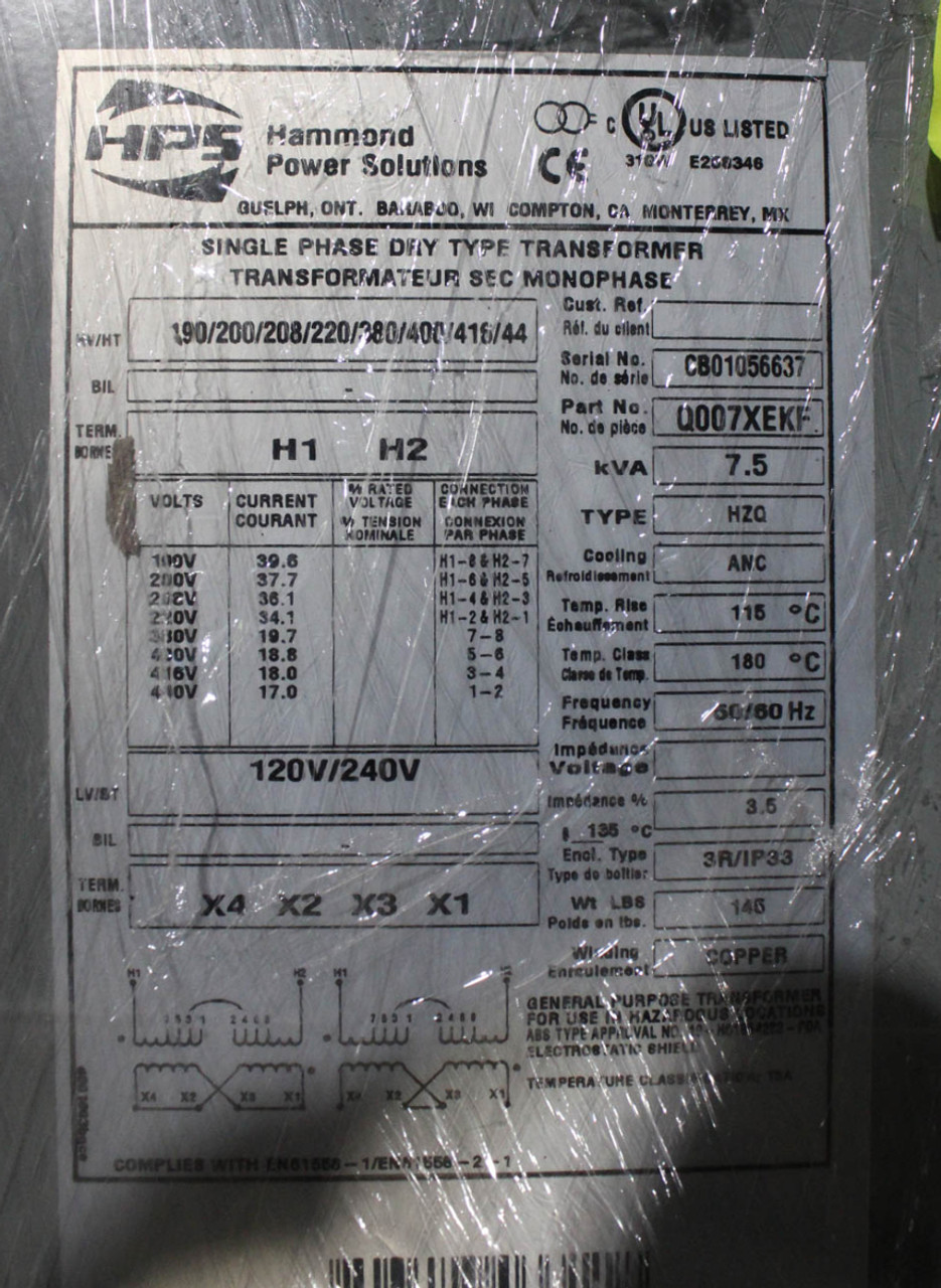 Hammond HPS Titan Q007XEKF Transformer | 7.5kVA | 208/415V Primary | 120/240V Secondary | 1PH | NEMA 3R
