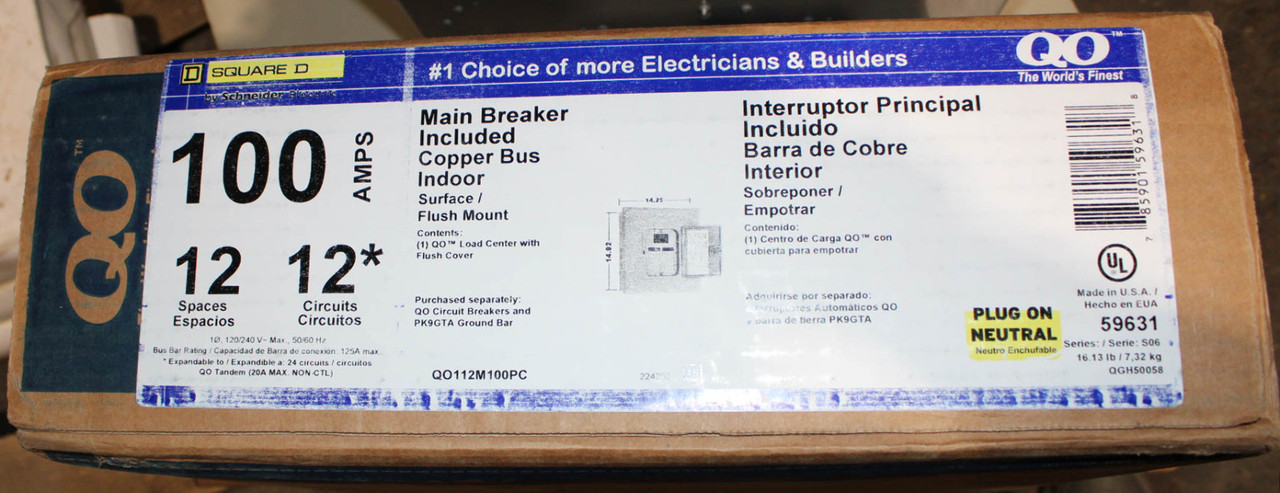 Square D QO112M100PC Main Breaker 100A 120/240V Indoor Load Center W/Cover