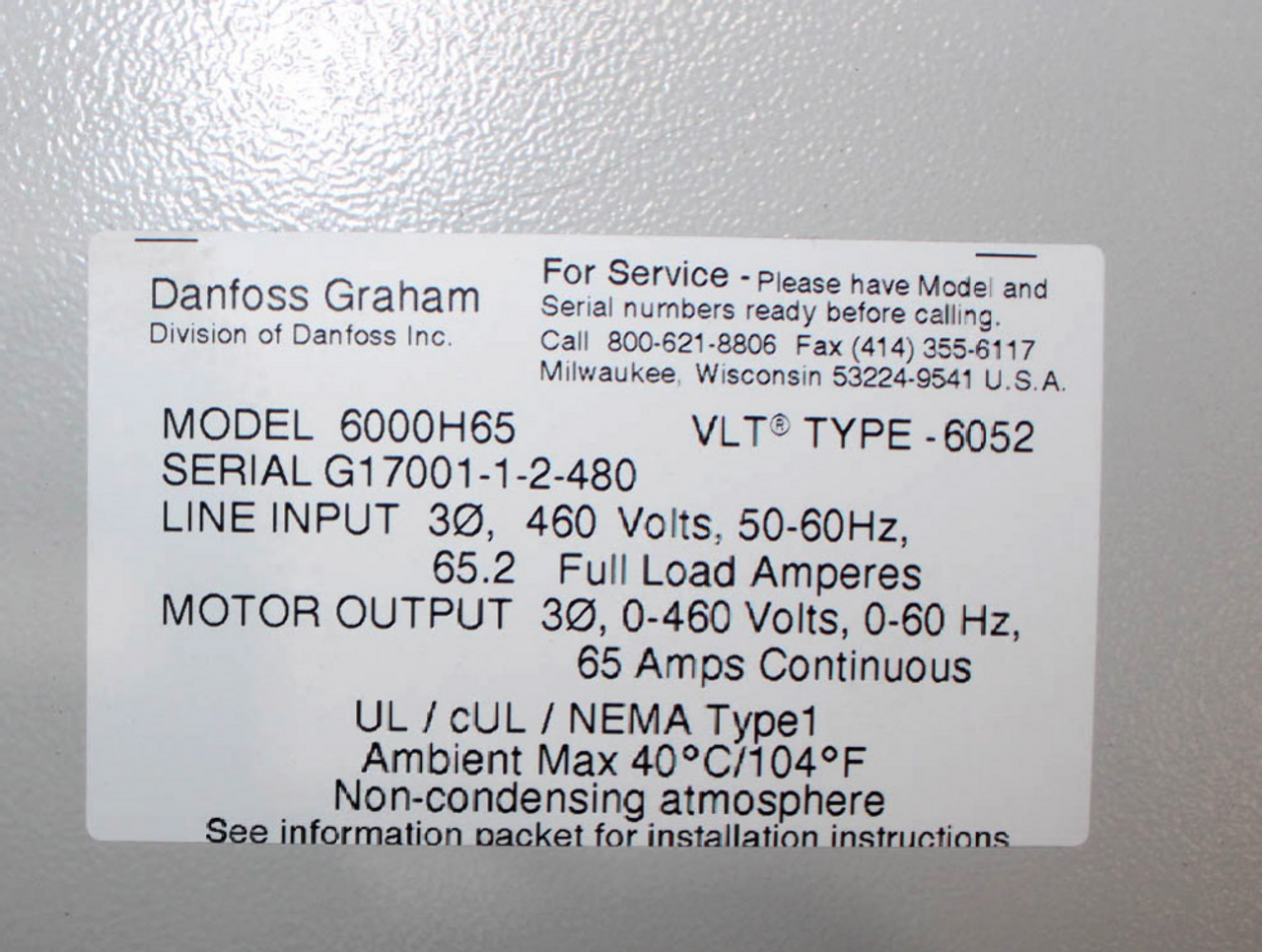 Danfoss VLT6000H65 HVAC Drive VLT-6052 65A 460V NEMA Type 1