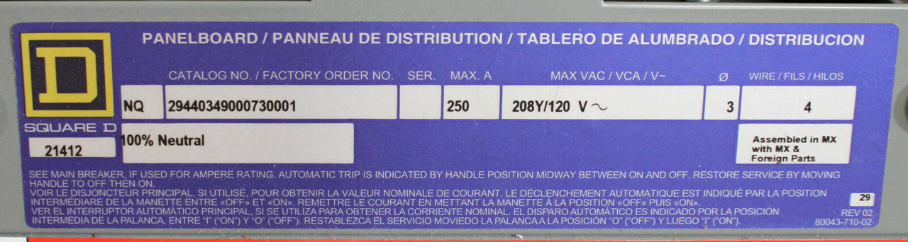 Square D NQ 29440349000730001 Main Lug Panelboard 250A 208Y/120V 3Ph 4W