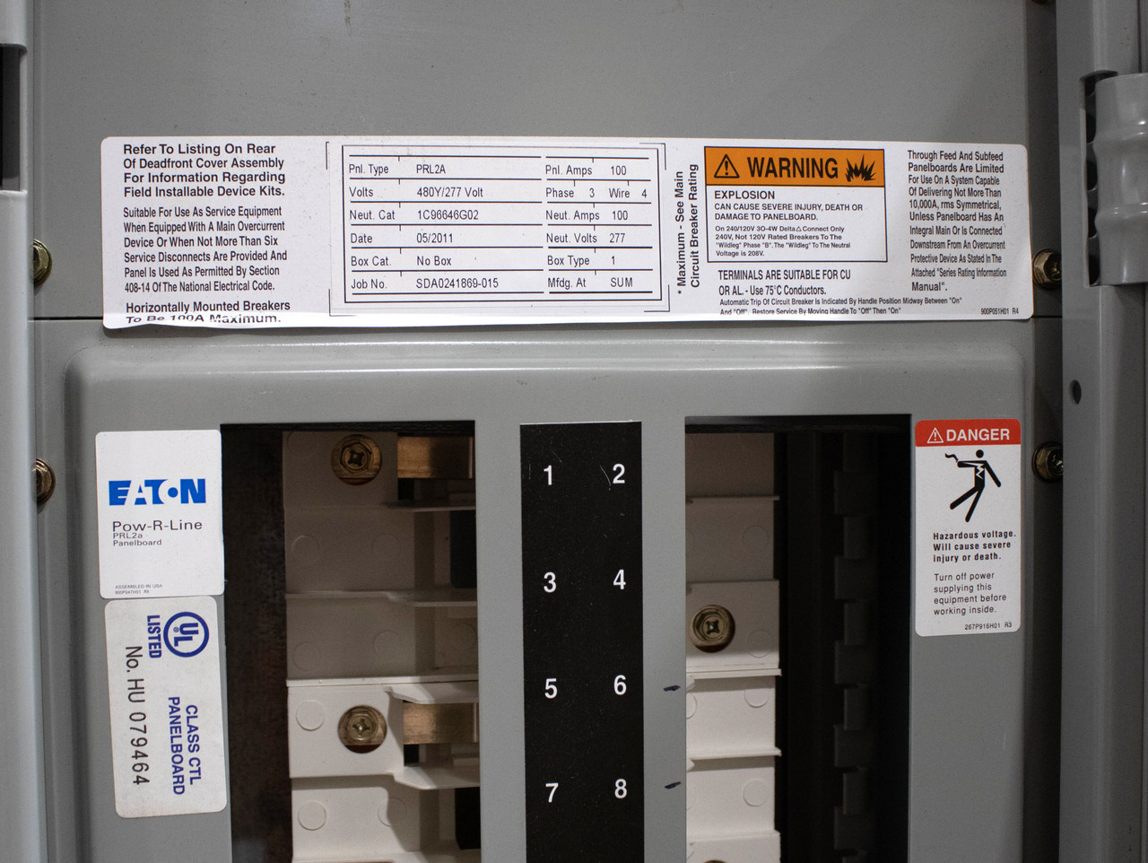 Eaton PRL2A 100A Main Lug Breaker Panel 480Y/277V 3-Phase 4-Wire Pow-R-Line NEMA