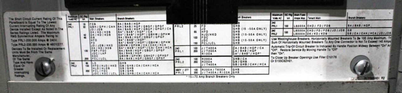 Eaton/Gus Berthold PRL1 Main Lug Panelboard 225A 120V/208Y 3PH 4W 42 Spaces
