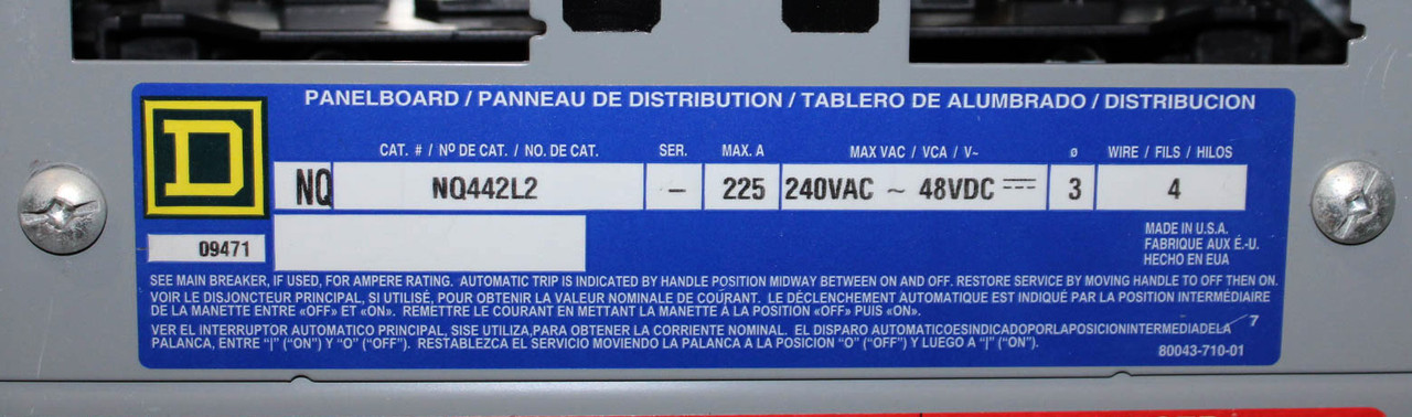 Square D NQ442L2 Main Lug Breaker Panel 225A 240V 48VDC 42 Space 3Ph 4W