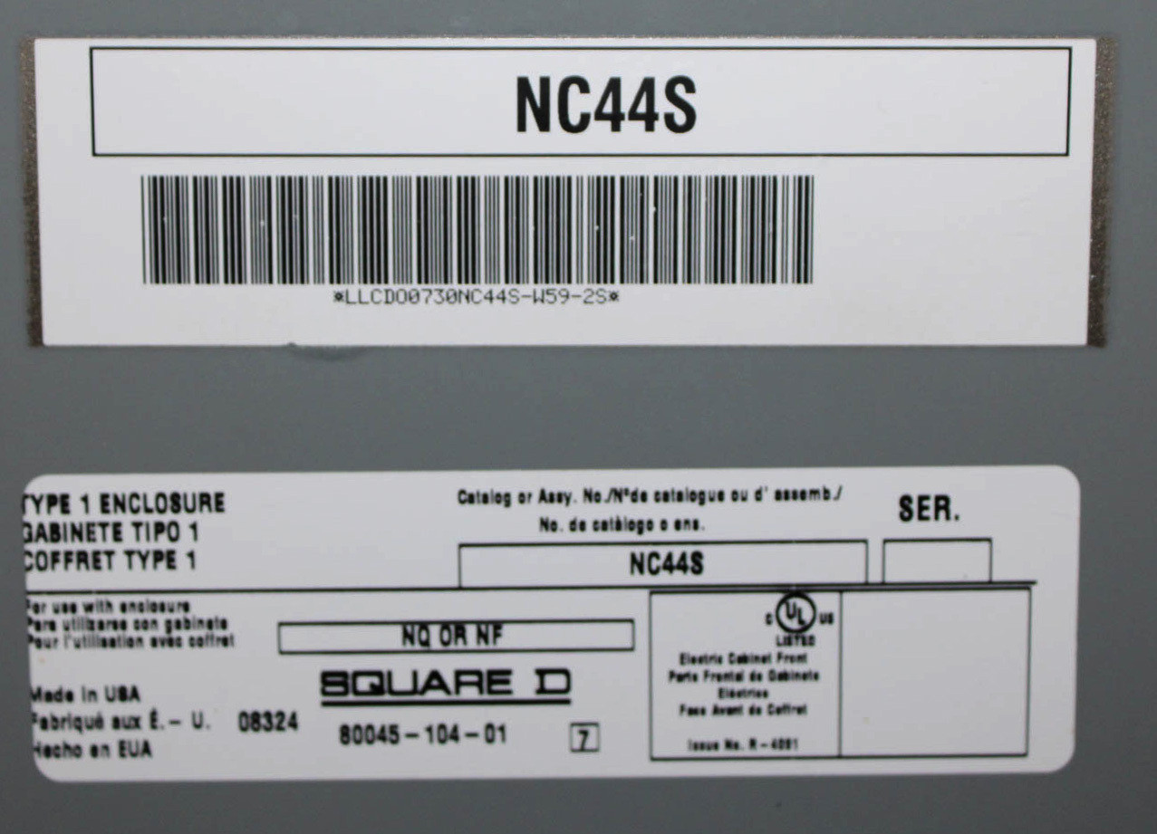 Square D NQ442L2 Panelboard 225A 240V 3PH 4W 42 Circuit Spaces Aluminum Bus Main Lugs NC44S Cover NEMA 1