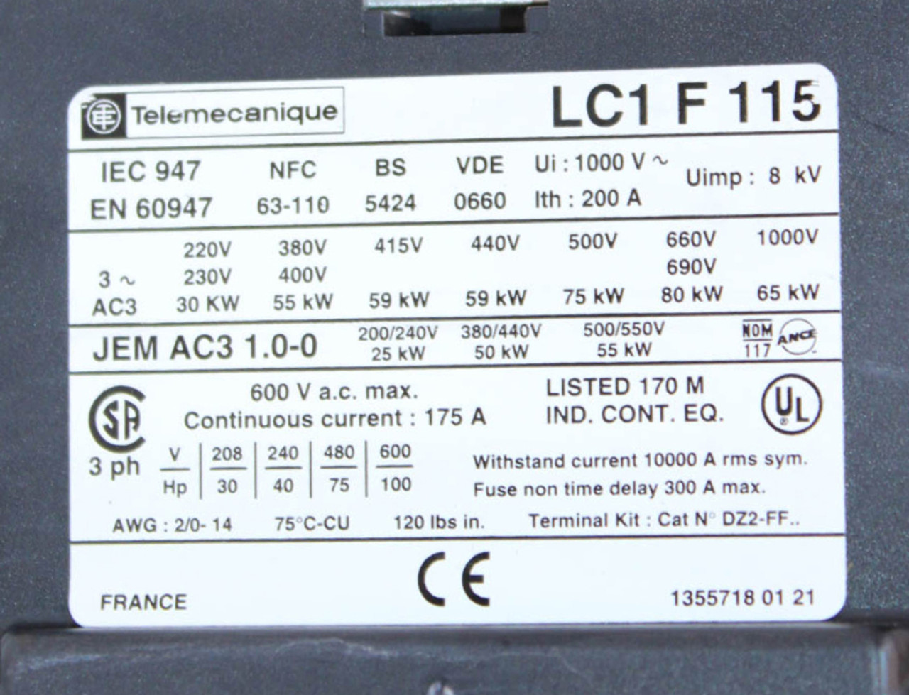 Square D LC1F115 Contactor 175A 600V 3Ph w/LA1 DN22 Contact Block