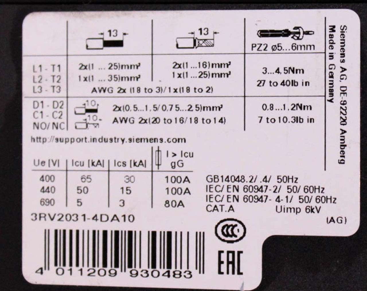 Siemens 3RV2031-4DA10 Motor Protection Circuit Breaker  18–25A | Size S2 | Class 10 | 325A N-Release | Screw Terminals Siemens 3RV2031-4DA10 Motor Protection Circuit Breaker  18–25A | Size S2 | Class 10 | 325A N-Release | Screw Terminals