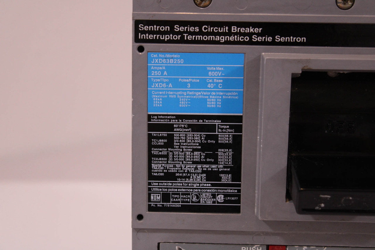 Siemens JXD63B250 Sentron Series Breaker 400A 600V Type JXD6-A 3P W/400A Trip Unit