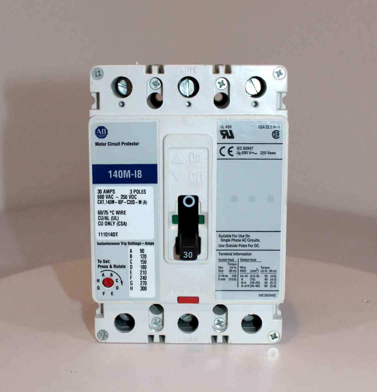 Allen-Bradley 140M-I8P-C30S-M Motor Circuit Protector 30A 600V 3P Adj. Trip Unit