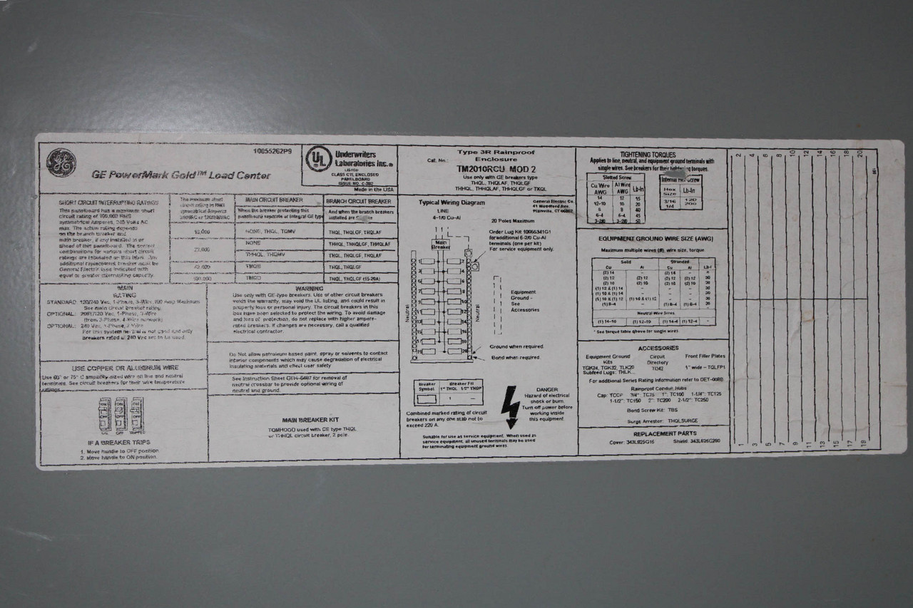 GE TM2010RCU 100A Main Breaker Loadcenter 120/240V 1PH 3W 20SP NEMA 3R Surface Mount