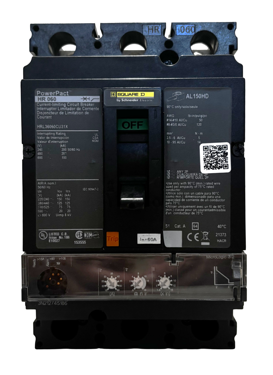 Square D HRL36060CU31X Circuit Breaker – 60A, 600V AC, 3-Pole, 200kA @ 480V, PowerPact H-Frame, Micrologic Trip, UL 489 Square D HRL36060CU31X Circuit Breaker – 60A, 600V AC, 3-Pole, 200kA @ 480V, PowerPact H-Frame, Micrologic Trip, UL 489