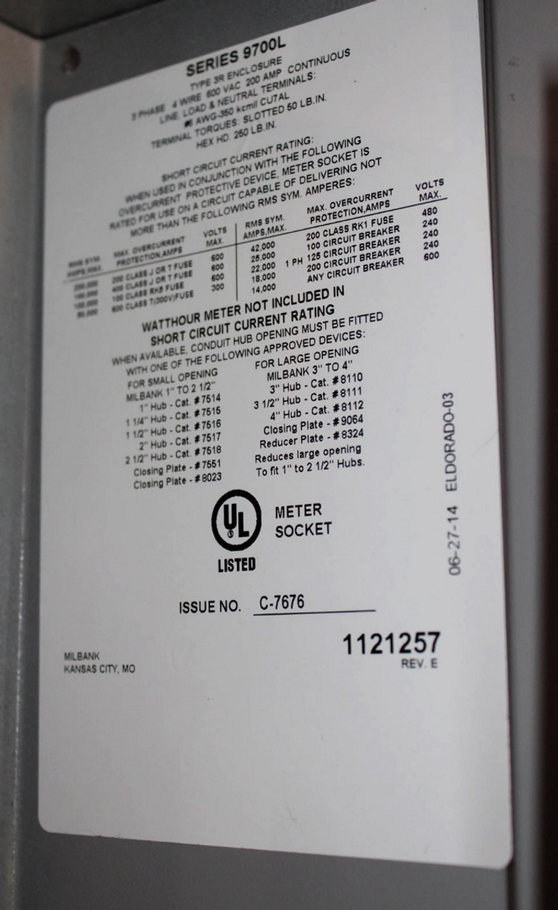 Milbank U9801-RXL Ringless Meter Socket HD Bypass S2 200A 4T NEMA 3R