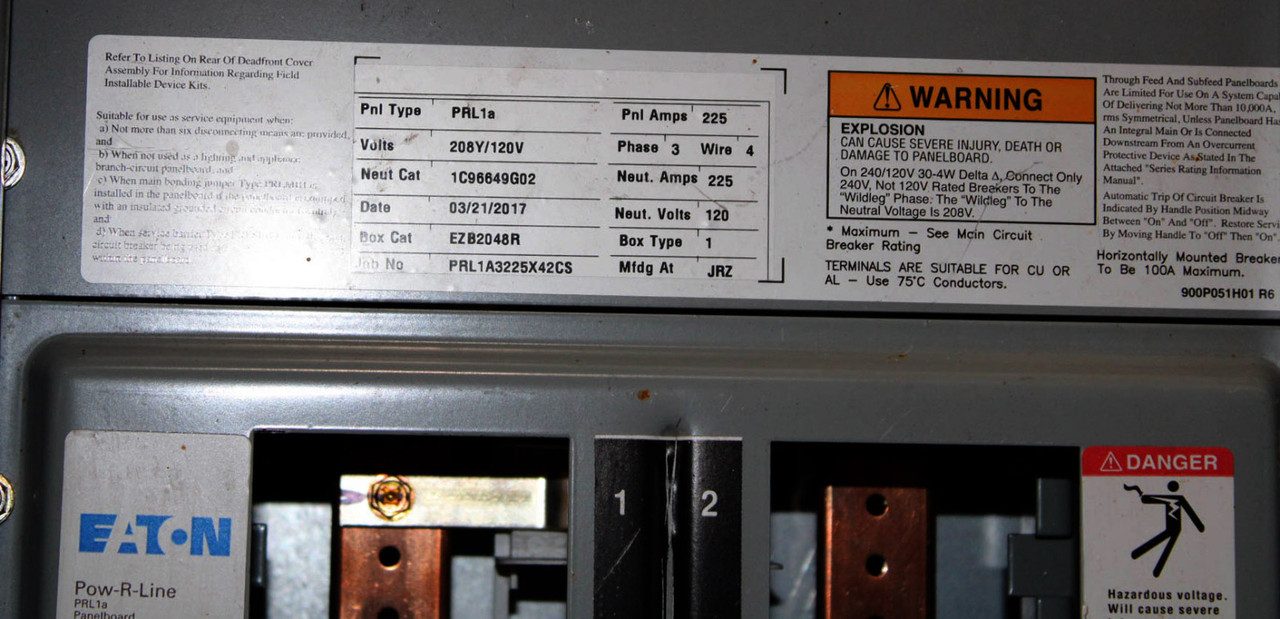 Eaton PRL1A 225A Main Breaker Panelboard 208Y/120 3-Phase 4-Wire 42 Spaces NEMA 1