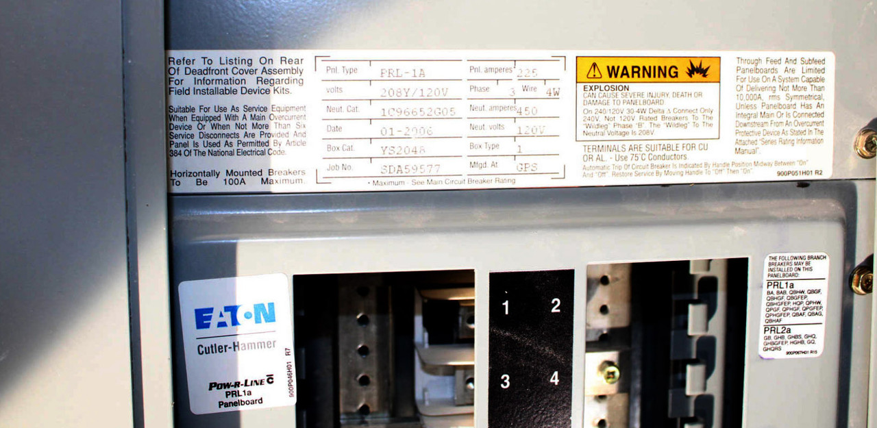 Eaton PRL1A 225A Main Lug Panelboard 208Y/120V 3PH 4W 42 Spaces NEMA 1
