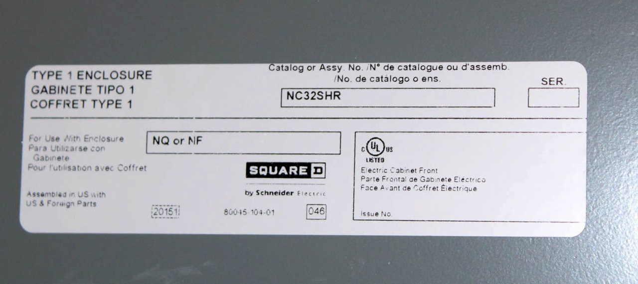 Square D NQ430L2C Main Lug Panelboard 225A 240V 3Ph 4 Wire 30 Circ. Type 1