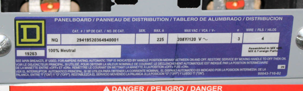 Square D NQ Main Lug Panelboard | 225A | 208Y/120V | 3PH 4W | 54 Spaces | NEMA 1 | NQ29419520364940001