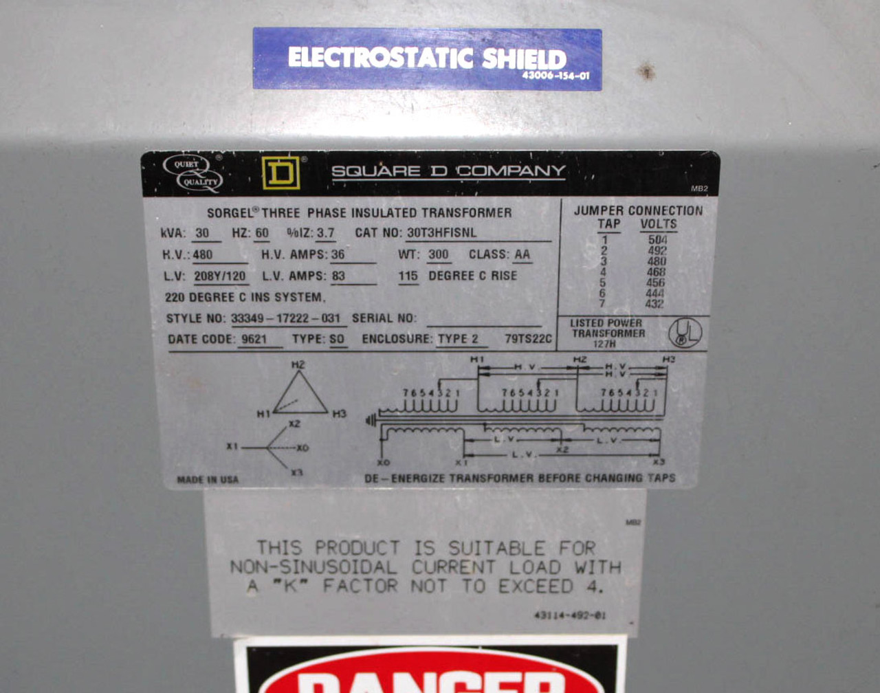 Square D 30T3HFISNL Transformer 30kVA PV 480V SV 208Y/120V 60Hz 3Ph