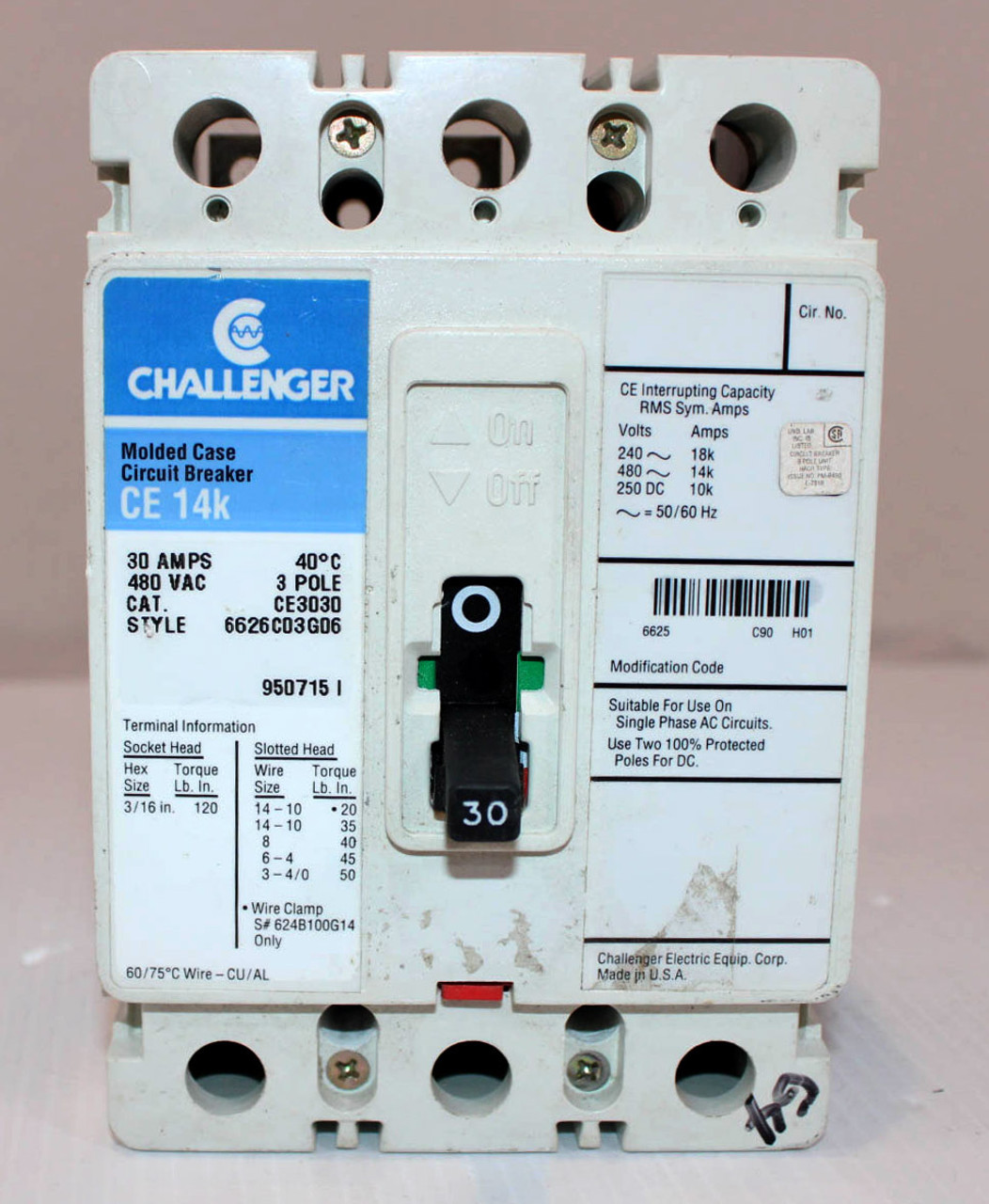 Challenger CE3030 Circuit Breaker CE 14K 30A 480V 3P