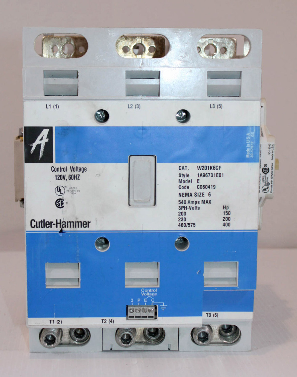 Cutler Hammer W201K6CF Advantage Contactor NEMA Size 6 120V Coil 60Hz 540A Max