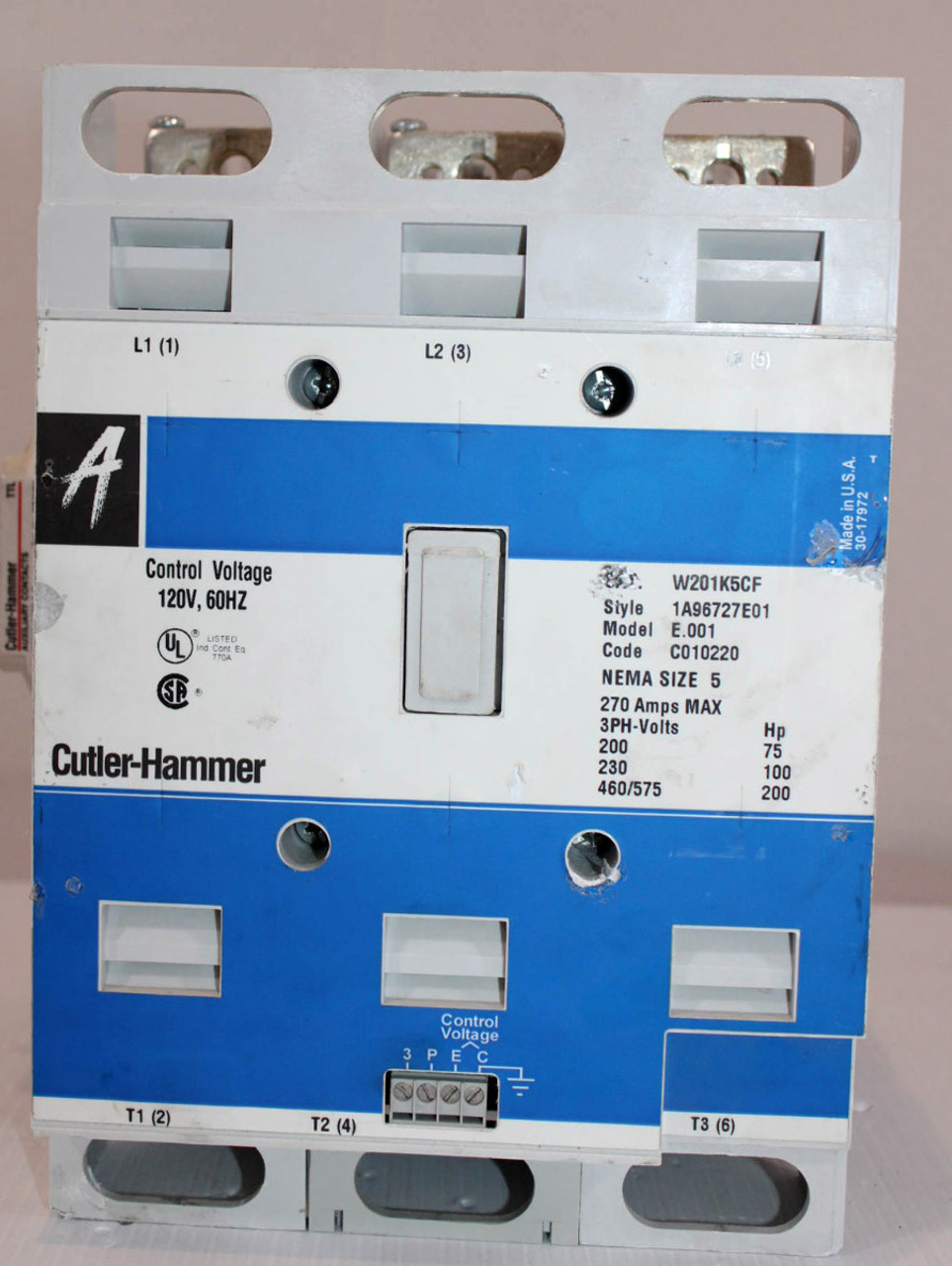 Cutler Hammer W201K5CF Advantage Contactor NEMA Size 5 120V Coil 60Hz 270A Max