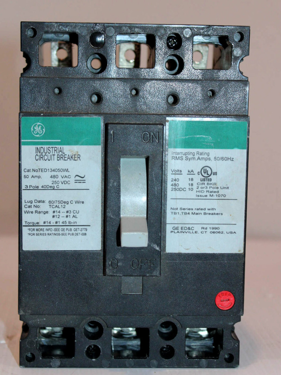 General Electric TED134050WL Breaker 50A 480V 3P 18kA Type TED