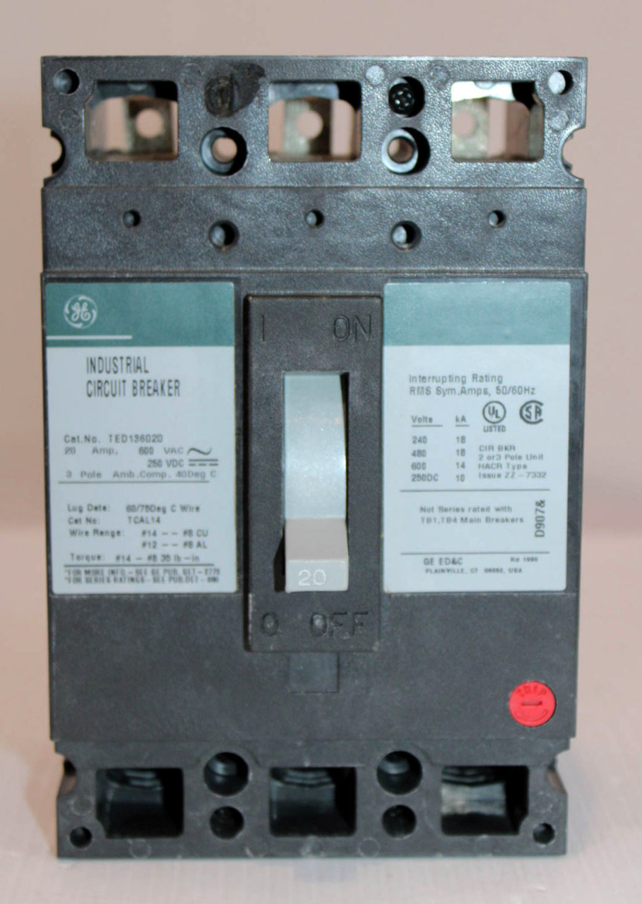 General Electric TED136020 Breaker 20A 600V 3P 14kA 50/60Hz Type TED